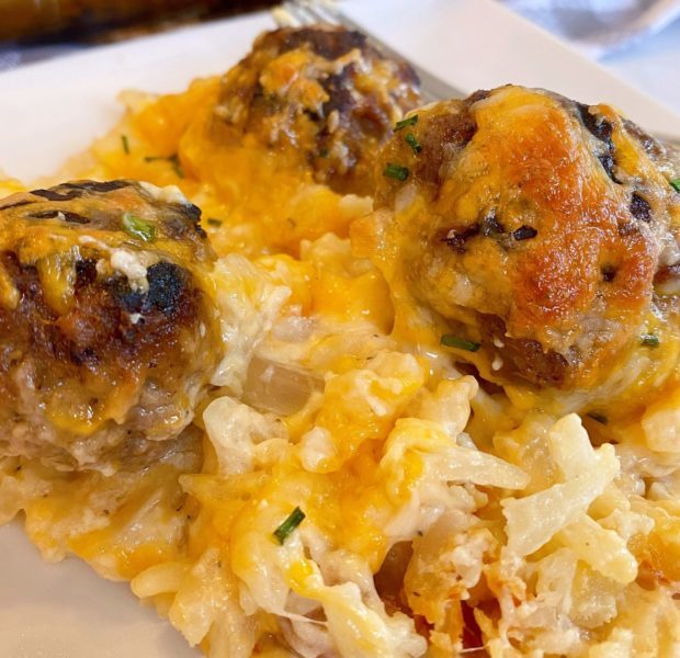 Cheesy Meatball Hash Brown Bake 202214 Norine's Nest