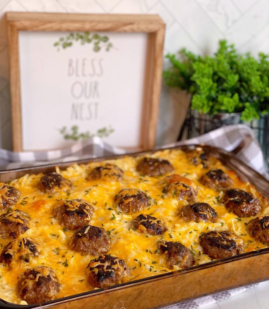 Casserole dish filled with Meatball and Hash Brown Casserole.