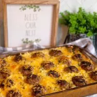 Casserole dish filled with Meatball and Hash Brown Casserole.