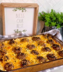 Casserole dish filled with Meatball and Hash Brown Casserole.