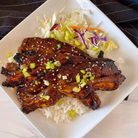 Hawaiian Style Short Ribs on a plate with rice and onion garnihs.