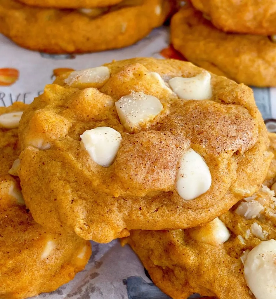 Close-up photo of Pumpkin White Chocolate Chip Cookie.