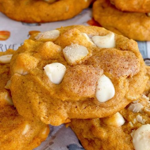 Close-up photo of Pumpkin White Chocolate Chip Cookie.