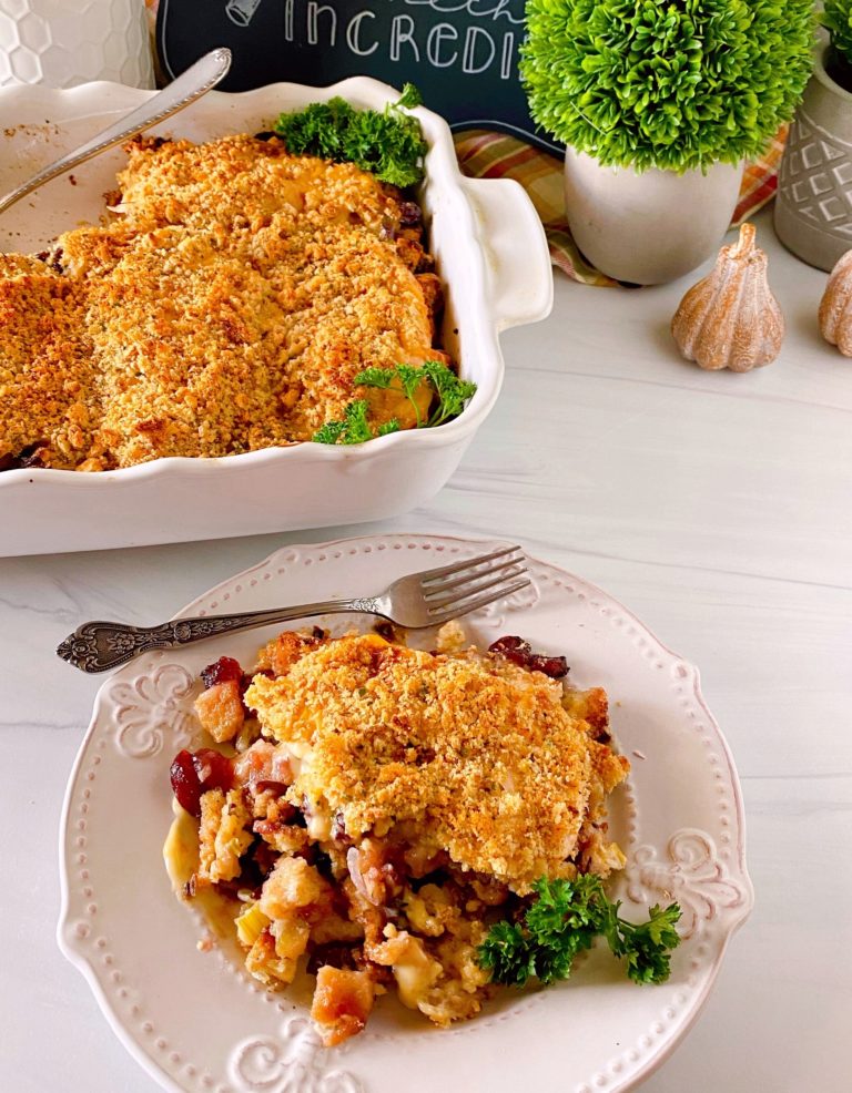 Turkey Cutlet Stuffing Casserole with a serving on a plate.