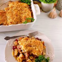 Turkey Cutlet Stuffing Casserole with a serving on a plate.