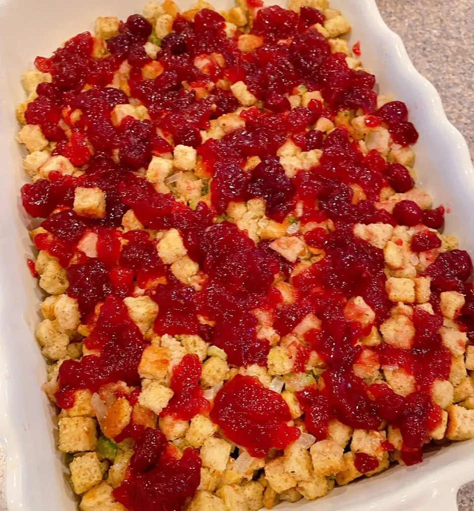 Cranberry Sauce on top of the stuffing.