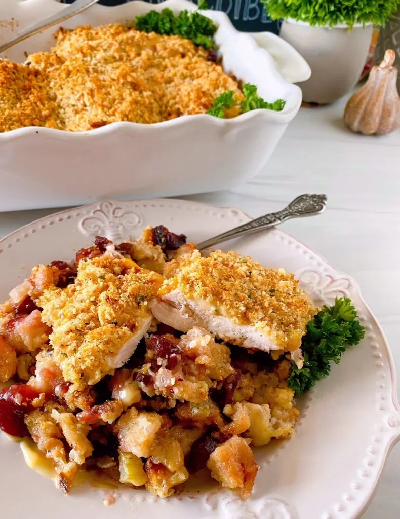 Turkey Cutlet Casserole with a serving on a plate.