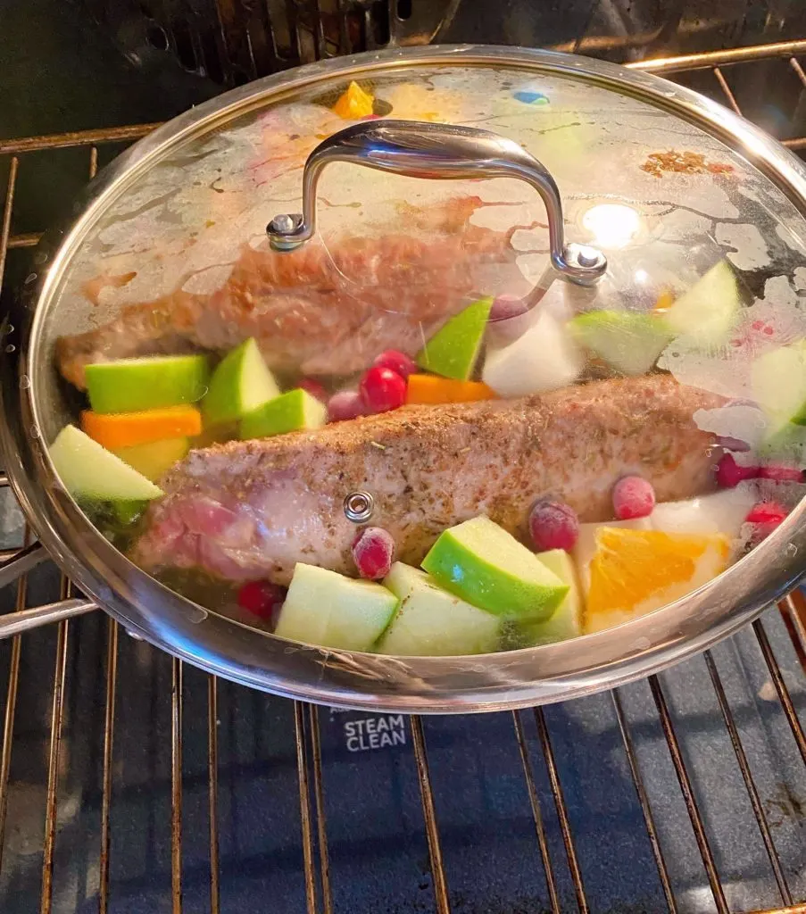 Covering Pork Tenderloin in skillet with glass lid or foil.