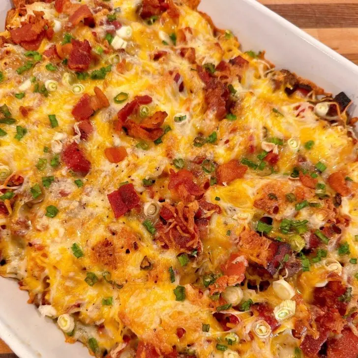Baked Loaded Tater Tot Breakfast Casserole in baking dish fresh out of the oven.