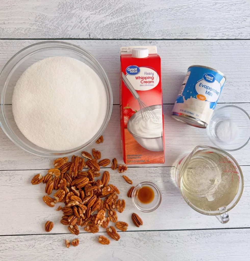Ingredients for Homemade Caramels on a white counter.