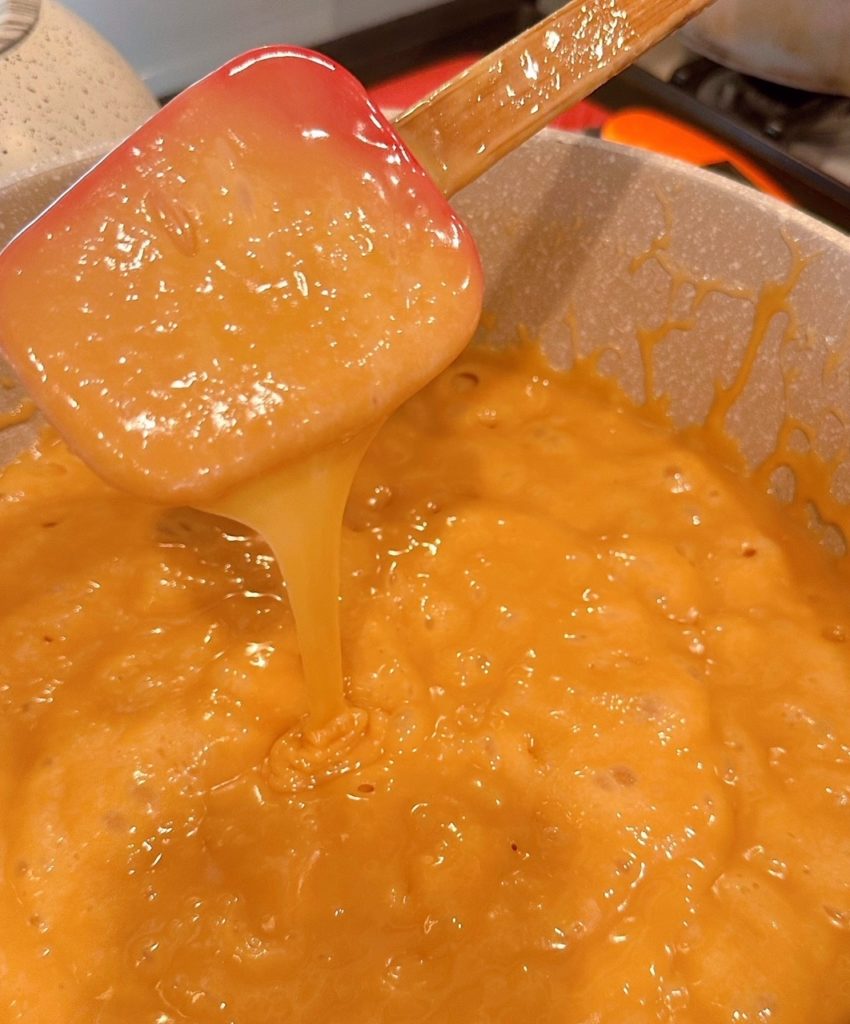 Caramel done cooking and ready to pour into pans.