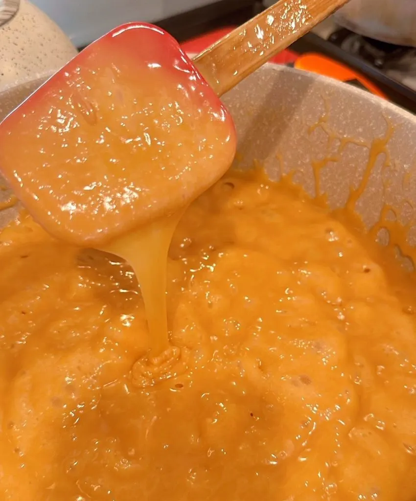 Caramel done cooking and ready to pour into pans.