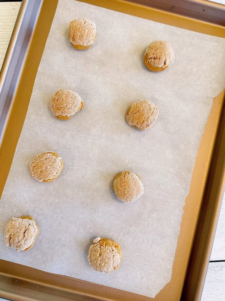 Cookie Sheet with Cookie dough balls ready for the oven.