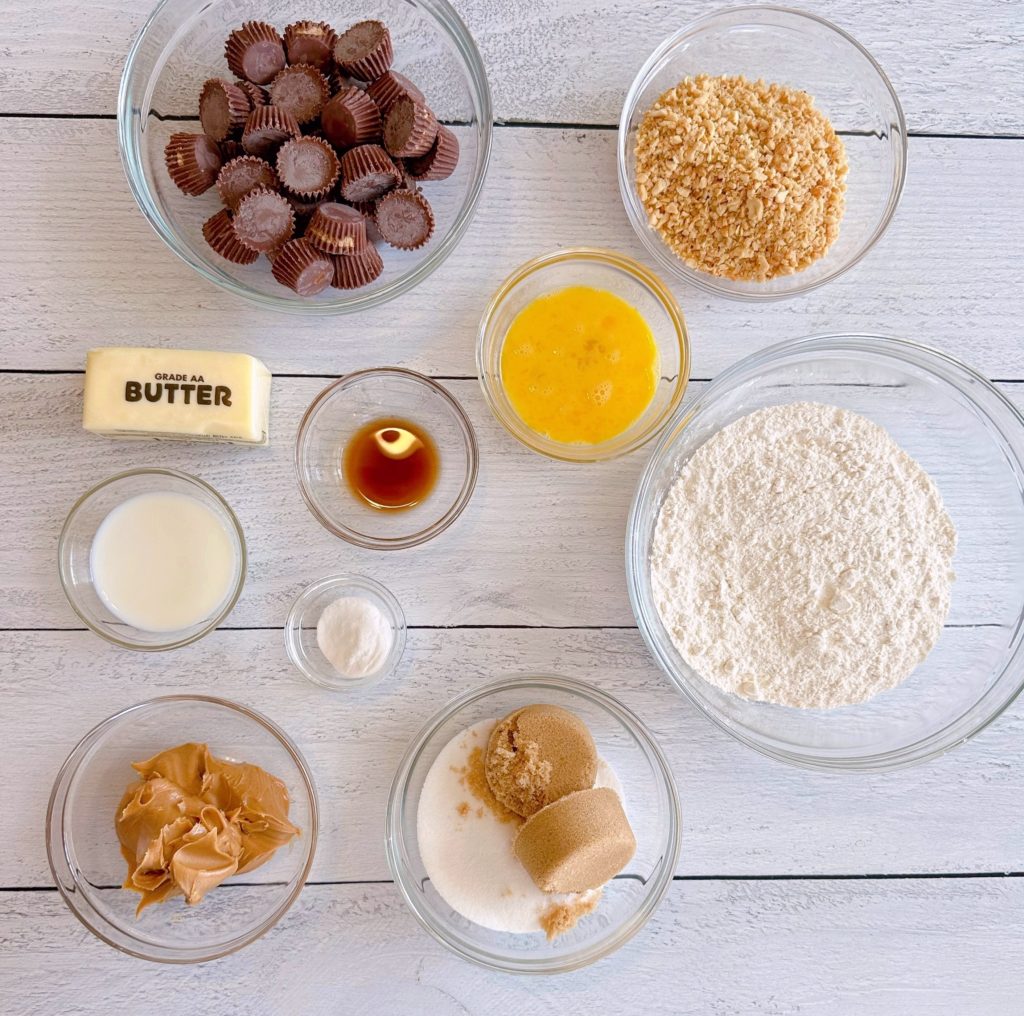 Ingredients measured out and on a table for Peanut Butter Cup Cookies.