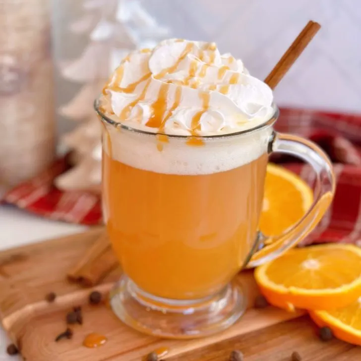 Mug of slow cooker Spiced Apple Cider with orange slices surrounding it, topped with whipped cream, caramel drizzle, and a cinnamon stick.