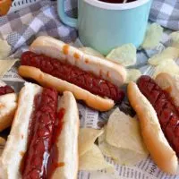 Copy Cat Air Fryer J. Dawgs on buns with chips and extra sauce.