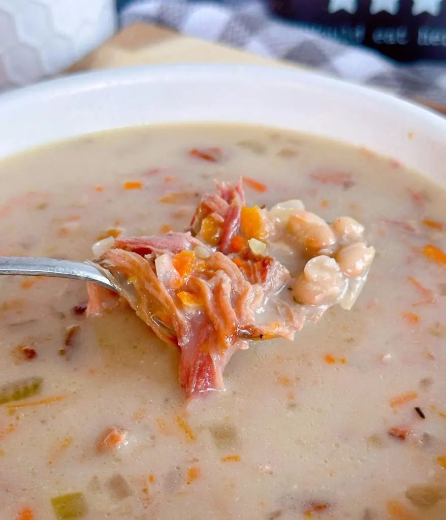 Spoonful of Navy Bean Soup over a big bowl full of same.