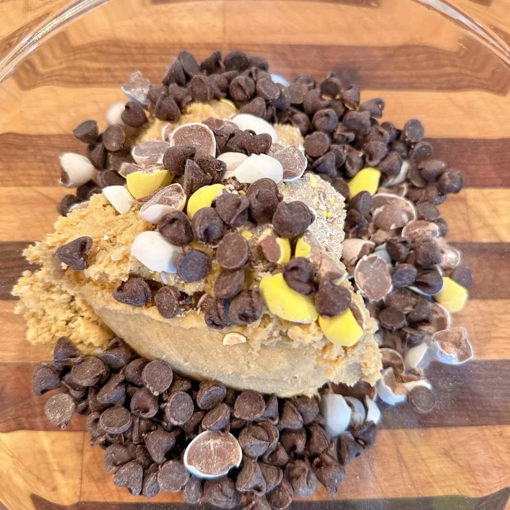 Cookie dough with chocolate chips and cadbury eggs.