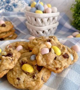 Mini Cadbury Egg Chocolate Chip Cookies in a pile.