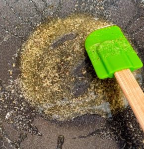 Large skillet with melted butter, olive oil, seasonings.