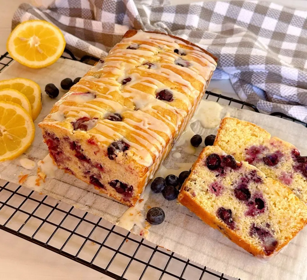 Lemon Blueberry bread sliced on the cooling rack.