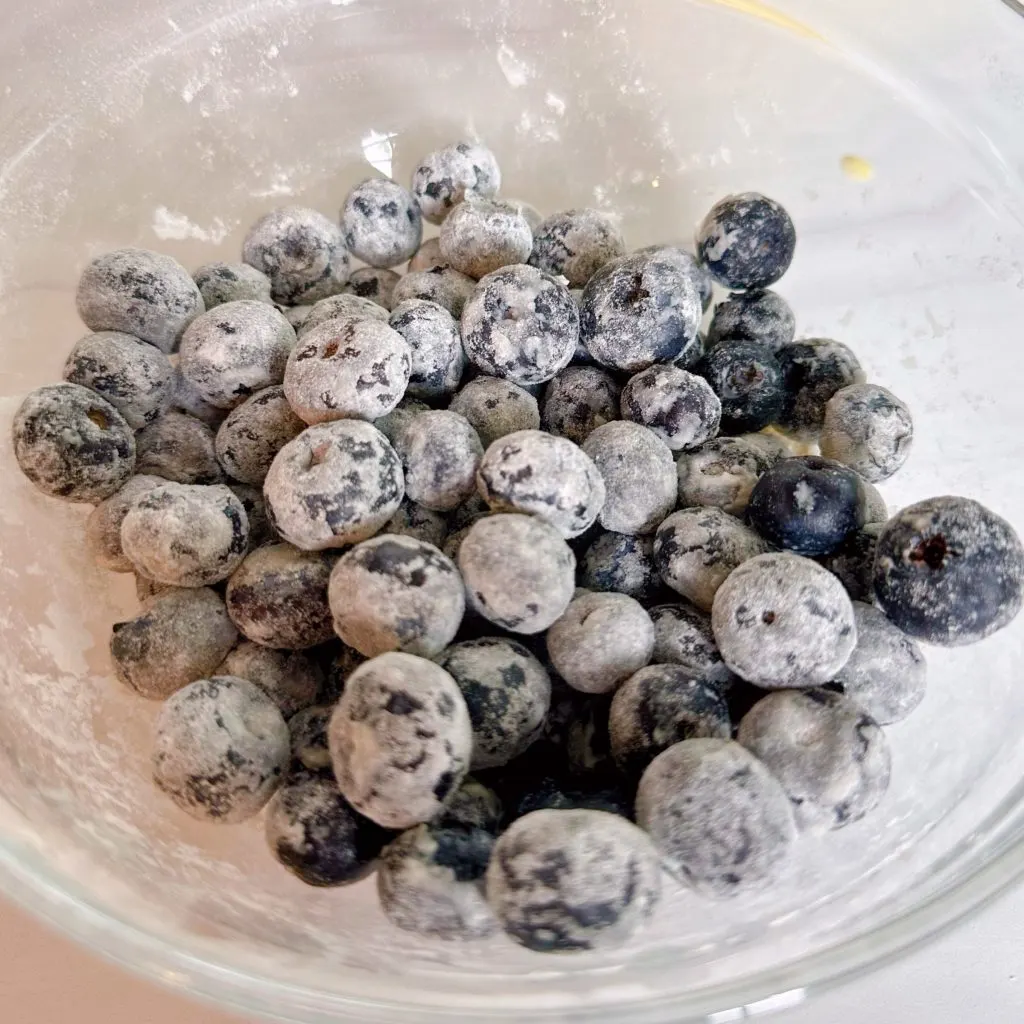 Blueberries tossed in flour in a medium size bowl.