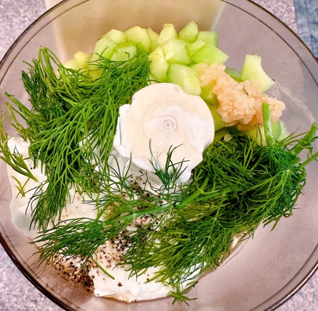 Ingredients for Dill Sauce in a small food processor.