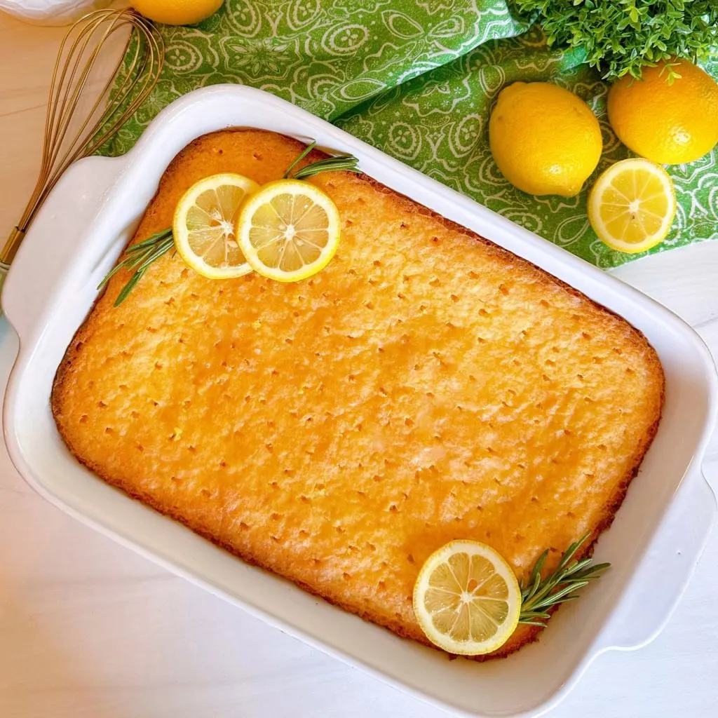 Whole finished Lemon Poke Cake from above. 