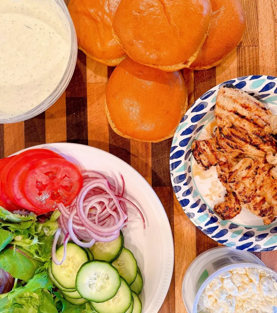 All the ingredients to assemble Mediterranean Chicken Sandwich.