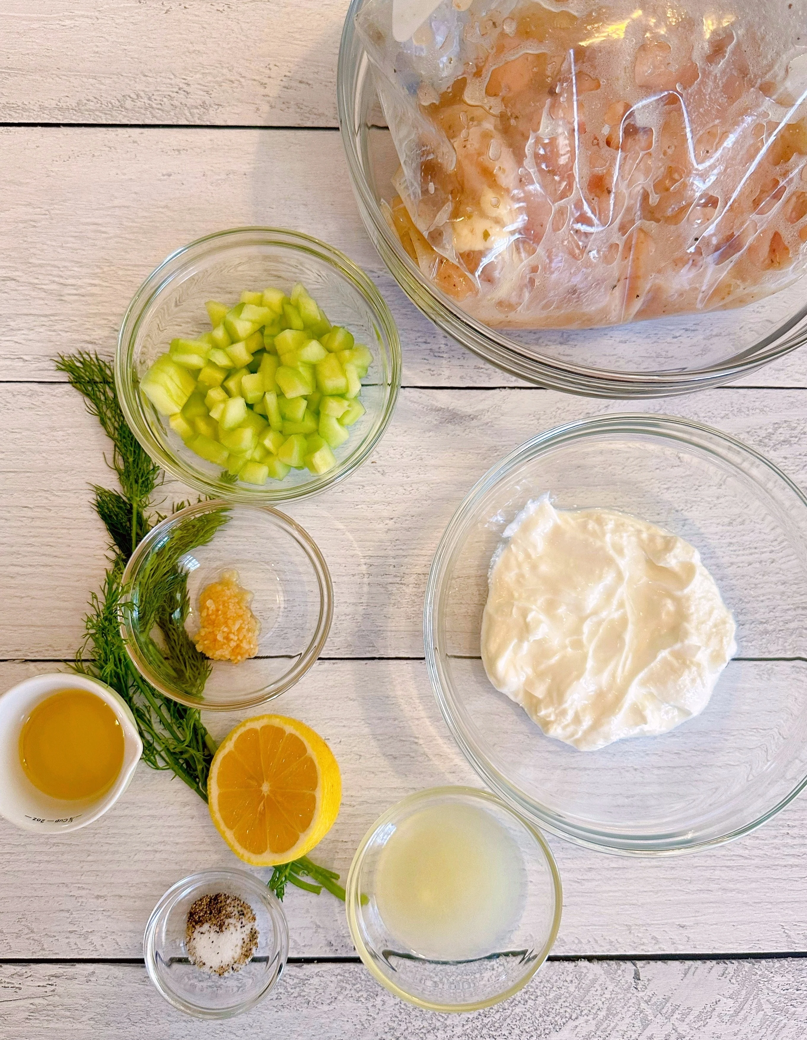 White board with Ingredients for Mediterranean Chicken Sandwich.