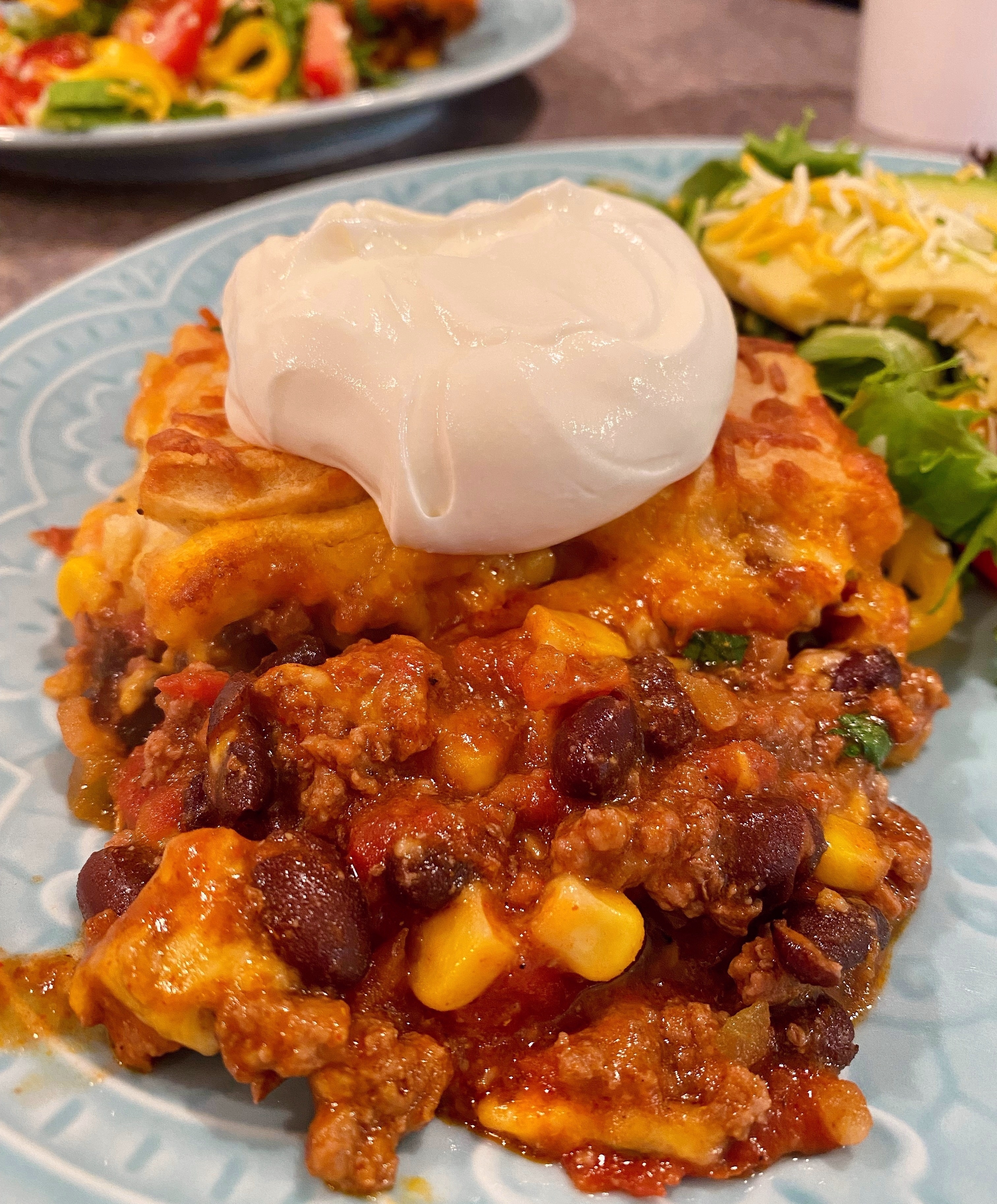 Close-up photo of Cornbread Taco Chili Casserole Bake.