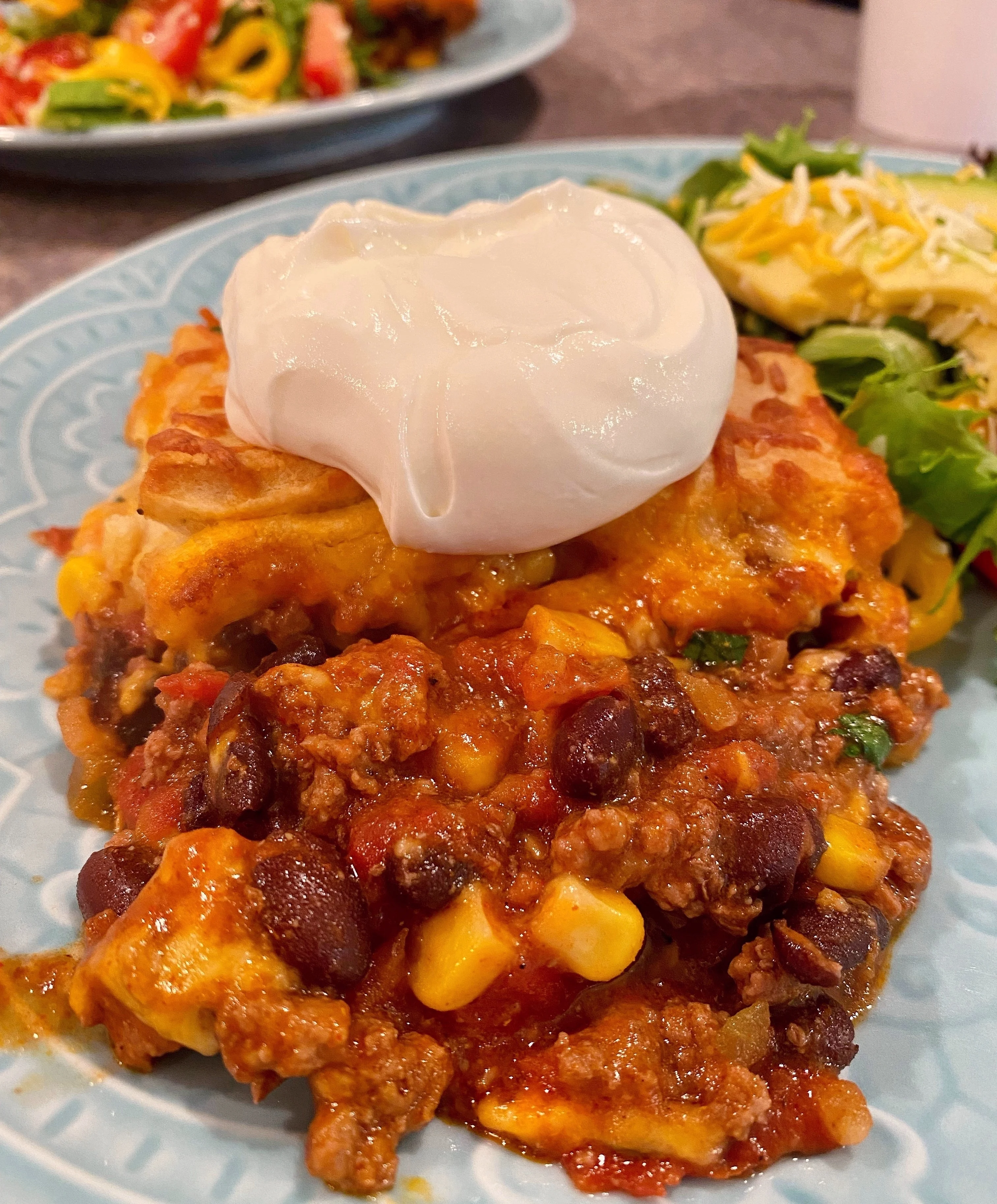 Close-up photo of Cornbread Taco Chili Casserole Bake.