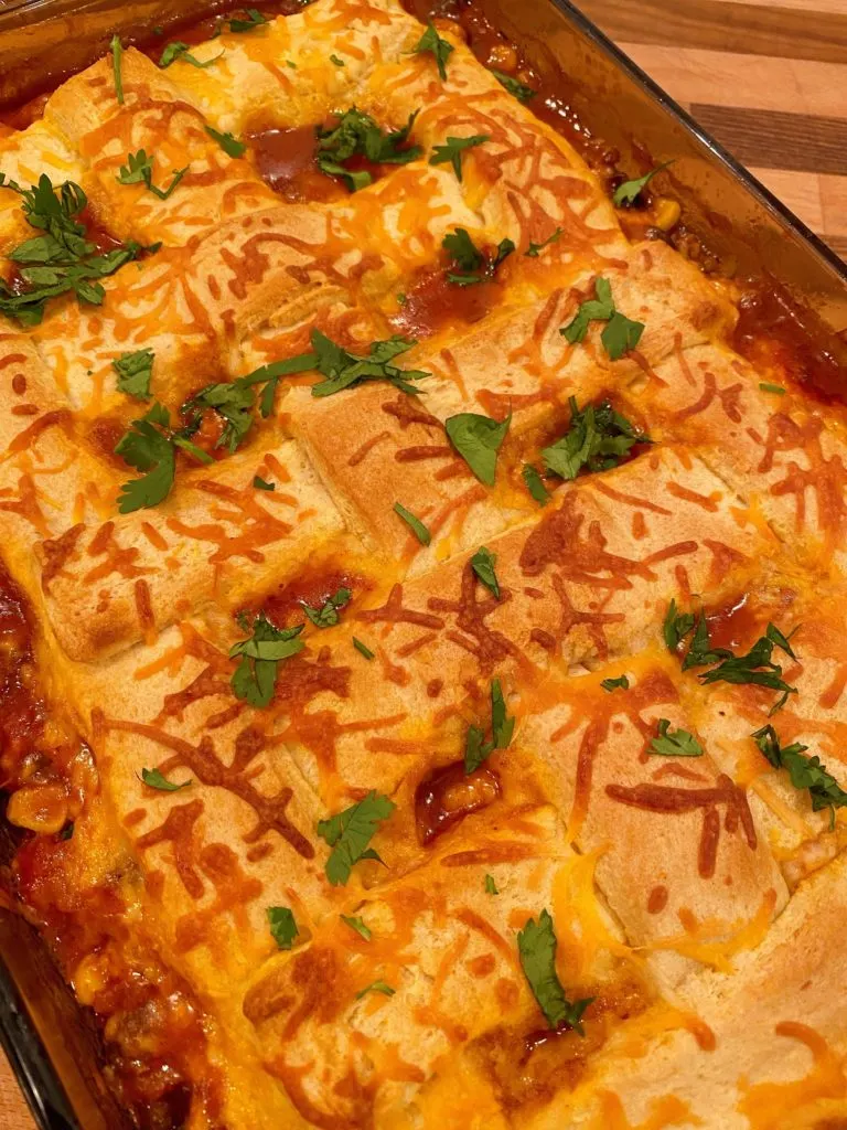 Baked Casserole with cilantro sprinkled on top.