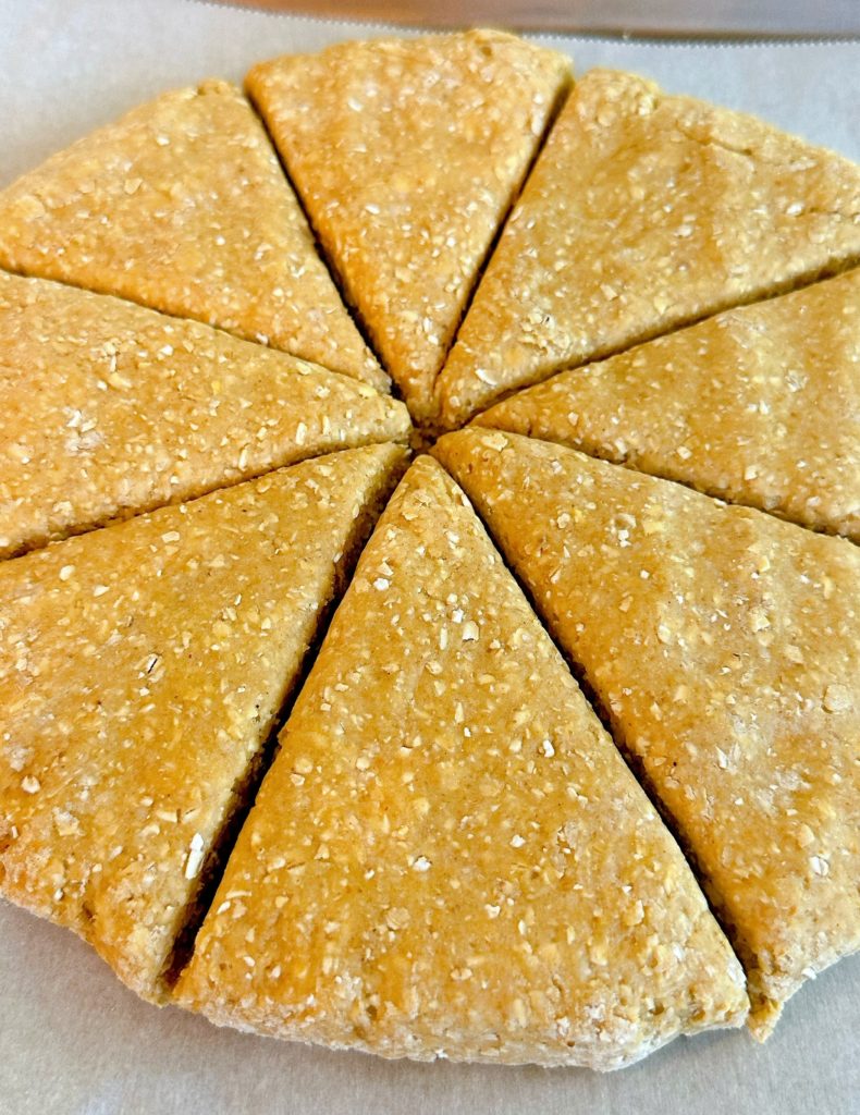Pumpkin Oatmeal Scone dough formed into a circle and cut into triangles.