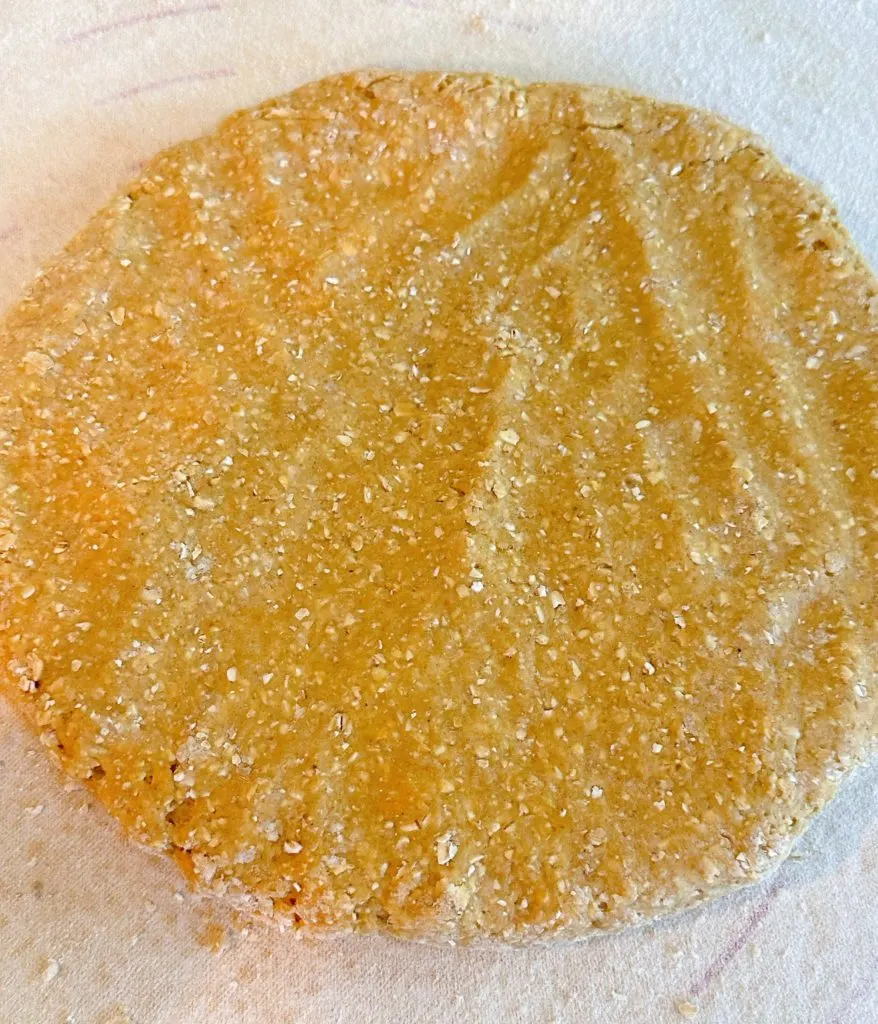 Dough formed into a large disc about 1 inch thick.