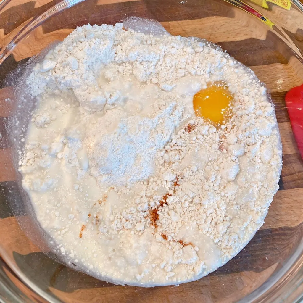 Cake batter ingredients in a large bowl.