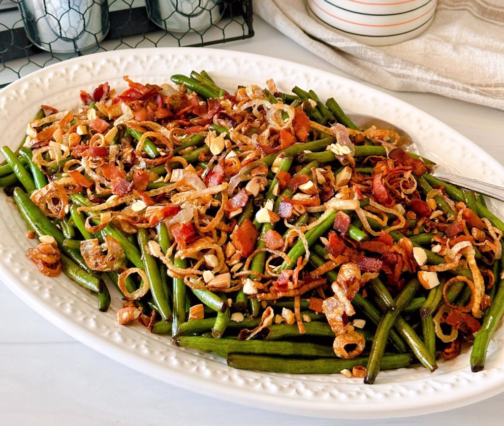 Balsamic Green Beans with Bacon on a white platter.