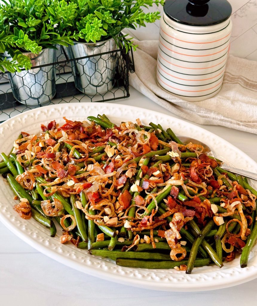 Balsamic Green Beans on a white platter.