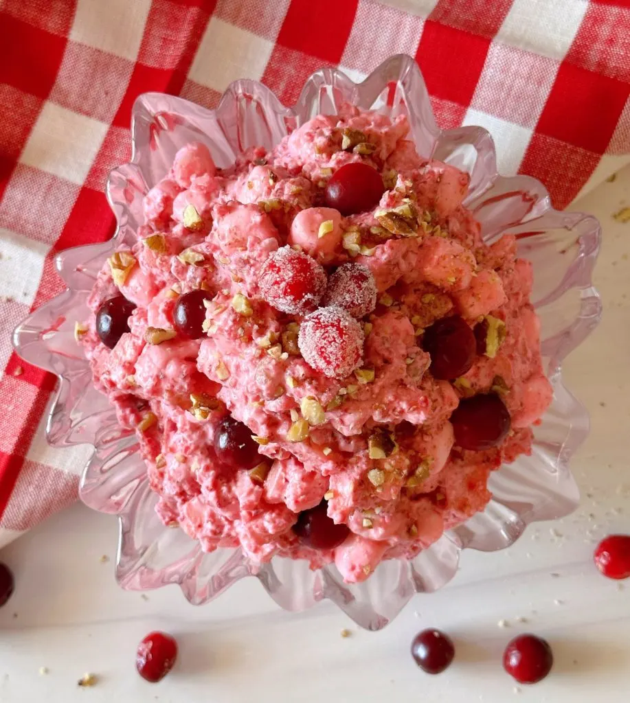 Cranberry Apple Walnut Fluff Salad in a pretty serving bowl.