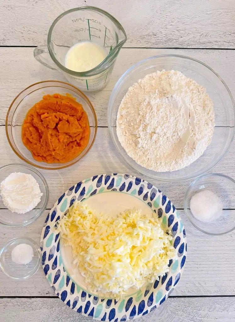 Pumpkin Buttermilk Biscuits ingredients on a white counter.