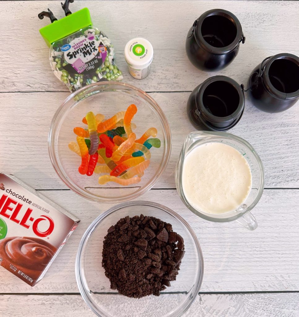 Ingredients for Witch Pudding Parfaits on a white counter.