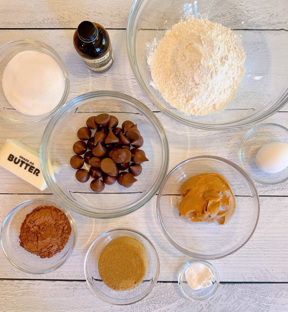 Ingredients for Chocolate Peanut Butter Blossom Cookies.