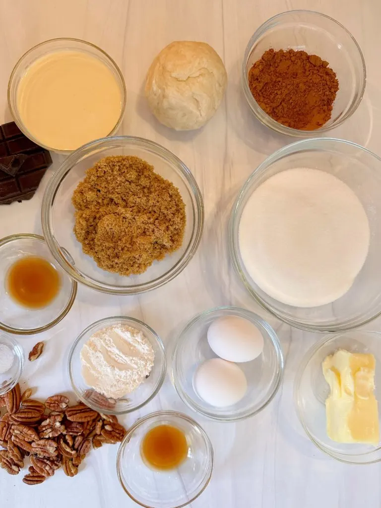 Ingredients for Chocolate Pecan Chess Pie.