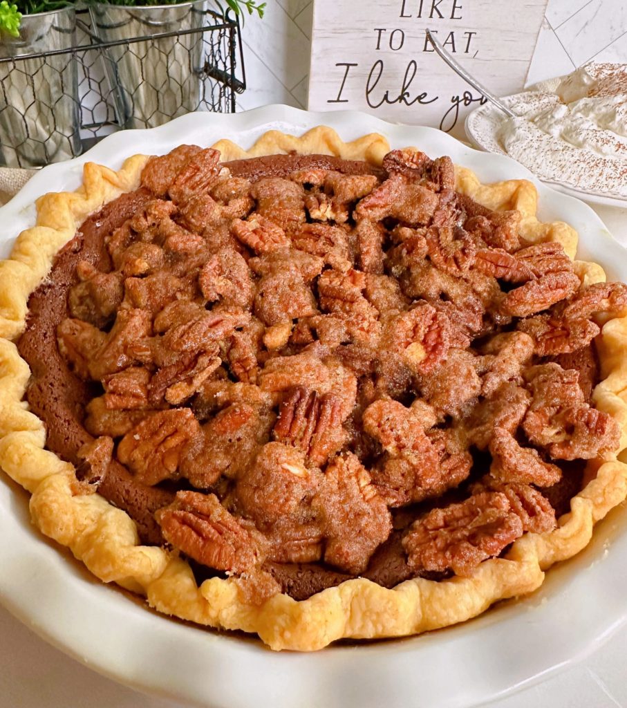 Whole Chocolate Pecan Chess Pie on the kitchen counter.