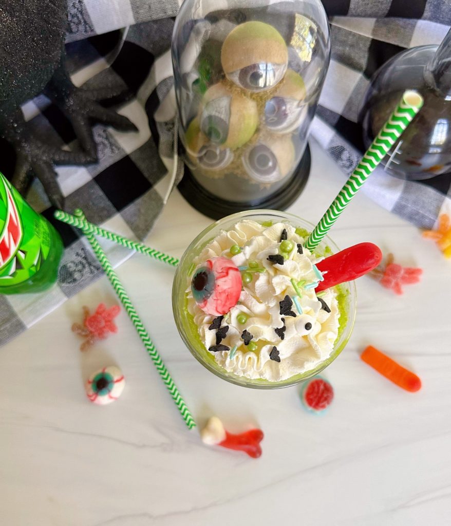 Photo looking down on top of the garnished Mountain Dew Ice Cream Float.