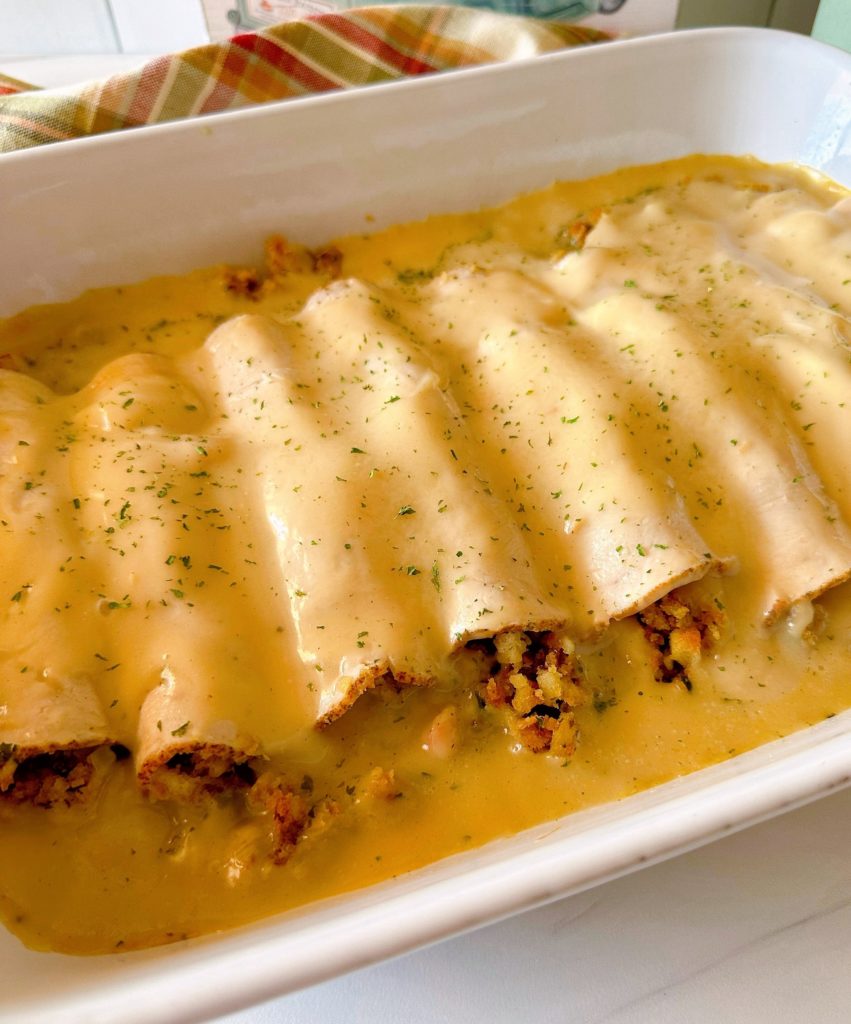 Baked Turkey dinner on the table in the casserole dish.