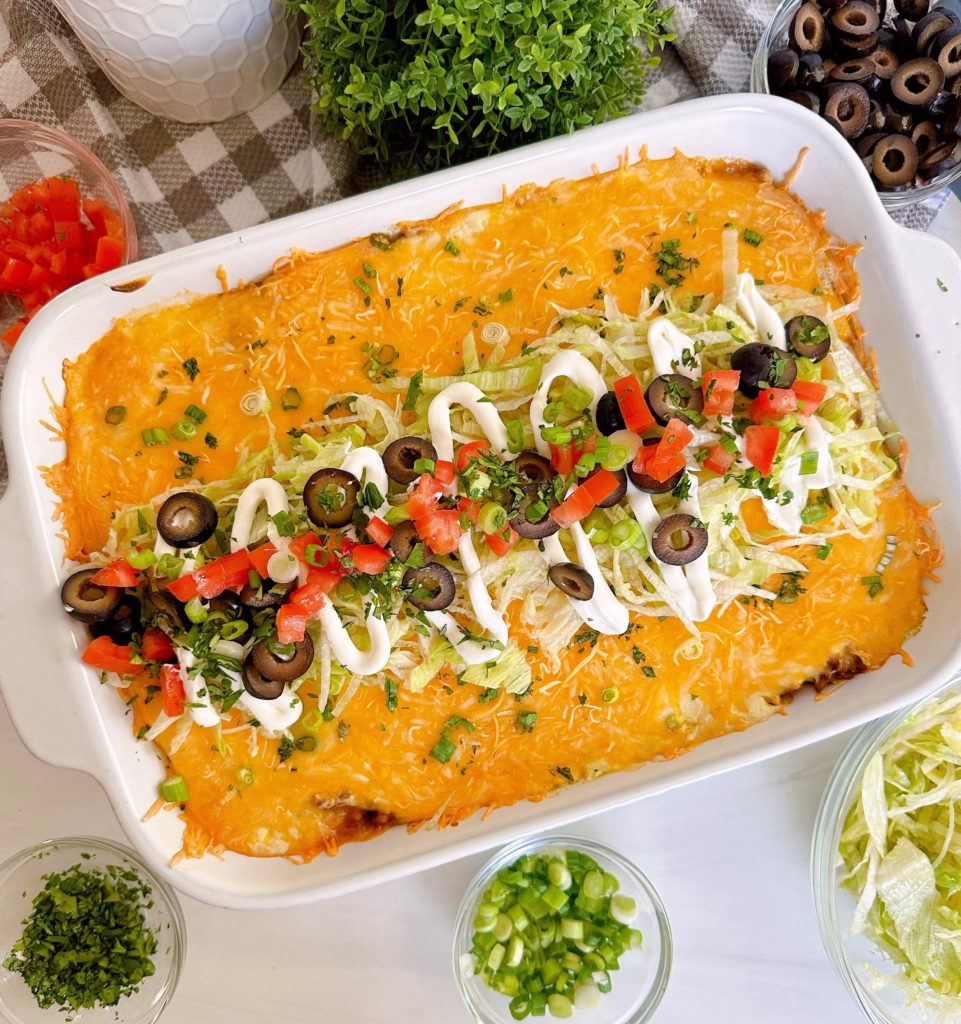 Baked Casserole topped with Taco Toppings.