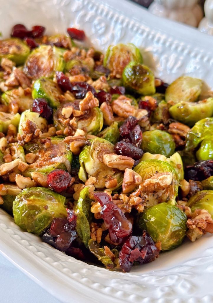 Roasted Brussels Sprouts with pecans and cranberries.