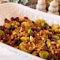 Holiday Roasted Brussels Sprouts in a serving bowl.