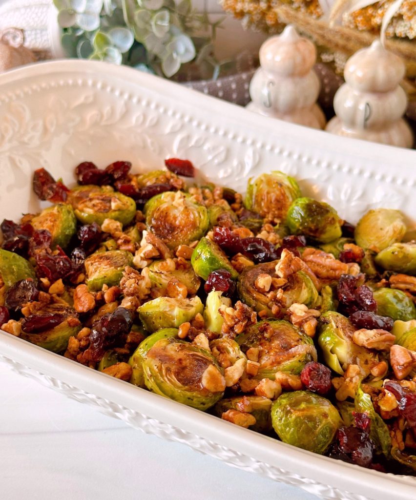 Holiday Roasted Brussels Sprouts in a serving bowl.